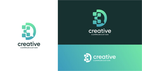 Letter D digital tech with bubble speech logo design inspiration. Talk and chat technology communication concept. Vector consult icons symbols.