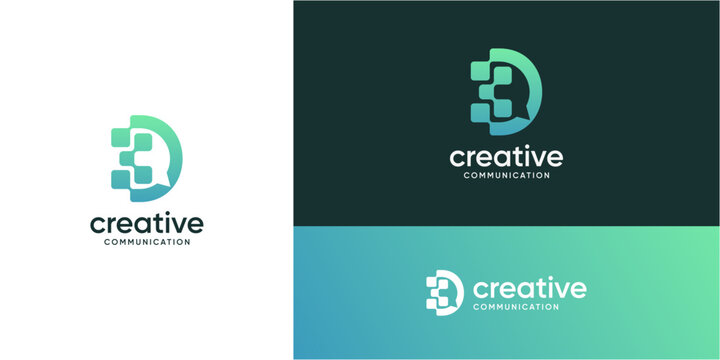 Letter D digital tech with bubble speech logo design inspiration. Talk and chat technology communication concept. Vector consult icons symbols.