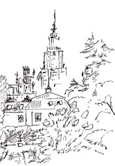 Moscow State University spire and blooming lilac, graphic sketch