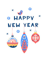 Happy New Year Folk Art Card, Scandinavian Winter Illustration Ornaments. Modern Christmas Greeting Colorful Scandinavian Blue Background Vector Illustration. Cozy Winter Festive Baubles Illustration