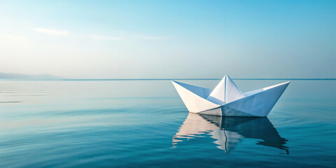 White paper boat floating peacefully on calm blue water under clear sky representing hope and adventure with copy space