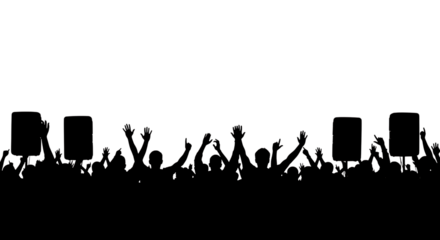 Crowd Silhouette, with raised hands and blank signs, isolated on white or transparent background. PNG