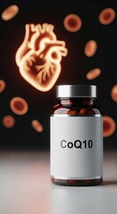 Nutritional supplement bottle labeled CoQ10 with glowing human heart and blood cells background, representing cardiovascular health support and energy metabolism.