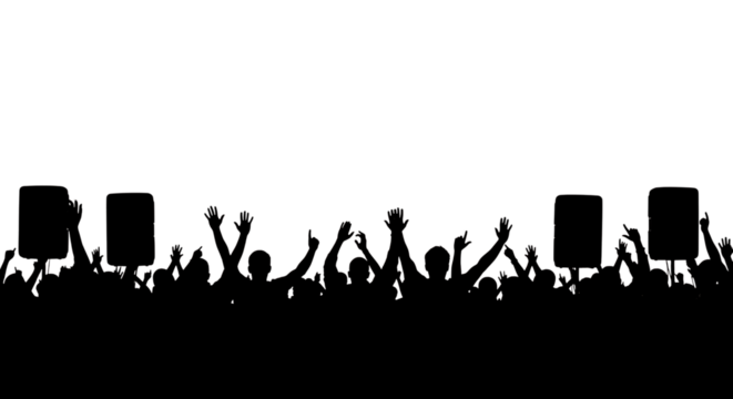 Crowd Silhouette, with raised hands and blank signs, isolated on white or transparent background. PNG