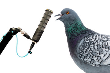 Singing dove at the microphone isolated on white background