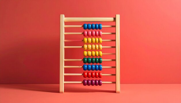 Colorful wooden abacus with grouped beads on red background.