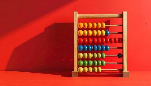Colorful wooden abacus with grouped beads on red background.