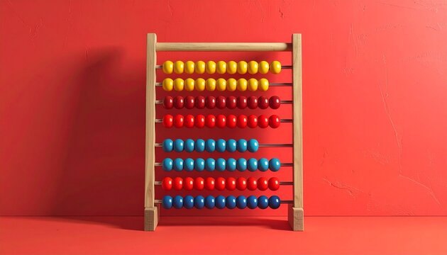Colorful wooden abacus with grouped beads on red background.
