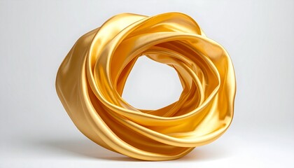 Twisted gold torus with ribbon-like structure and central hole on white background.