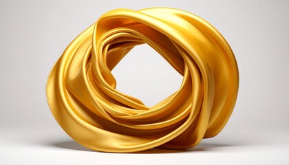 Twisted gold torus with ribbon-like structure and central hole on white background.