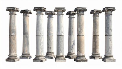 Row of marble Corinthian columns with fluted shafts on white background.