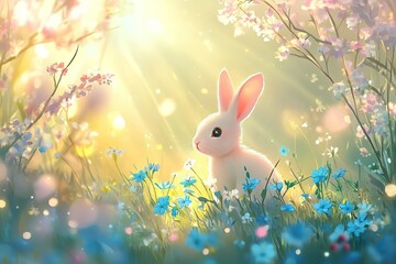 Cute Cartoon Bunny in Enchanted Glow Forest, Ai Generated