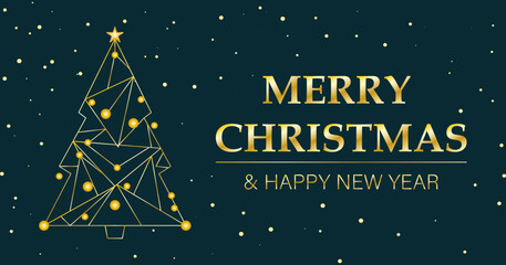 Naklejka premium Banner de navidad y año nuevo con árbol de navidad poligonal dorado y fondo verde oscuro