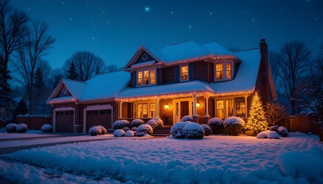 Cozy house adorned with festive christmas lights under a snowy winter night sky