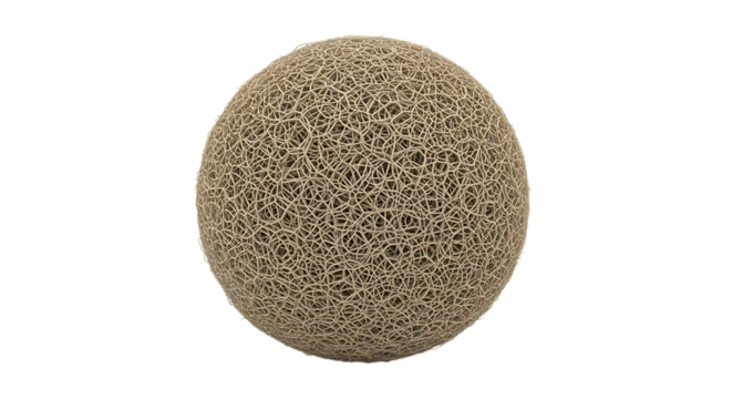 Sphere, textured with intricate intertwined fibers, isolated on white or transparent background. PNG