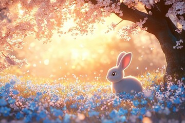 Cute Cartoon Bunny in Soft Dreamy Landscape, Ai Generated