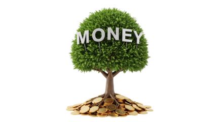 Money Tree, lush green with white letters spelling M O N E Y and gold coins at roots, isolated on white or transparent background. PNG