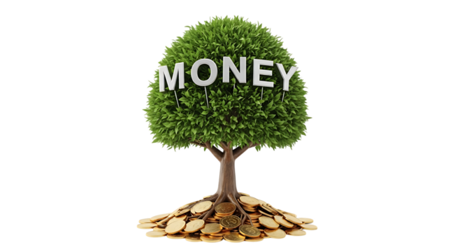 Money Tree, lush green with white letters spelling M O N E Y and gold coins at roots, isolated on white or transparent background. PNG