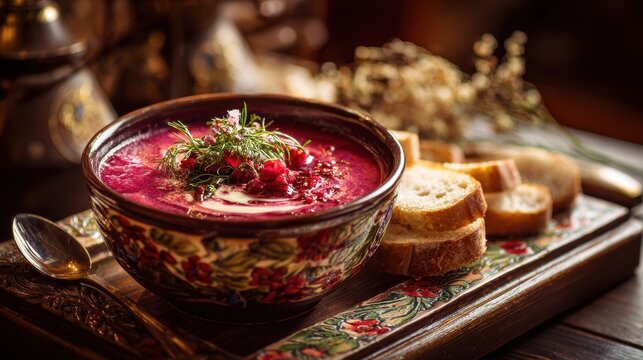 Gourmet red beetroot soup with bread on rustic wood - Powered by Adobe