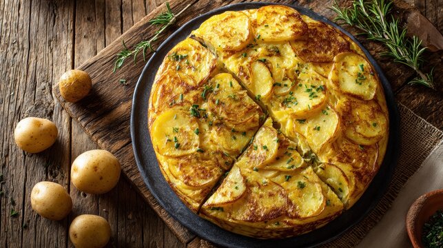 Traditional Spanish potato omelette with chives on wood