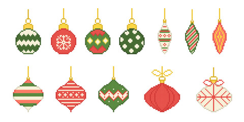 Pixel Christmas Ball Ornament Vector Set. Retro 8 bit bauble holiday pixelated decoration