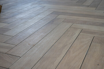 Close-up view of a light wooden herringbone floor pattern. Natural oak planks with subtle grain texture and soft, neutral tones. Minimalist interior detail, clean and modern design background.