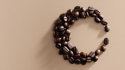 Obraz premium Scattered coffee beans arranged in a rotating vortex pattern on a smooth surface, creating an artistic and dynamic visual representation of coffee culture and enjoyment