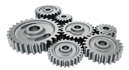 Gears, interlocking silver metal arranged in complex mechanical cluster, isolated on white or transparent background. PNG