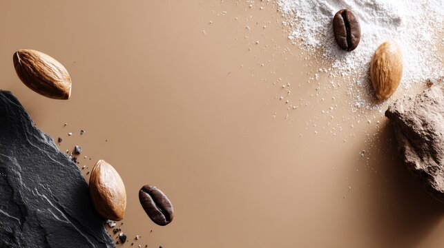 Almonds and coffee beans scattered on a textured surface with flour, creating a visually appealing composition, ideal for culinary and food-related projects with copy space