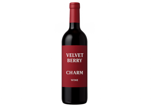 Red wine bottle with label standing on transparent background