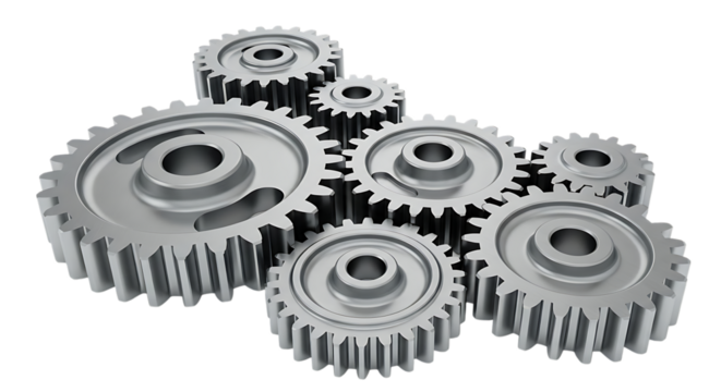 Gears, interlocking silver metal arranged in complex mechanical cluster, isolated on white or transparent background. PNG - Powered by Adobe