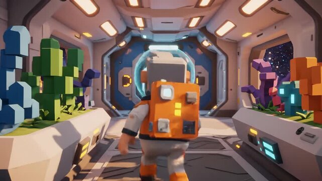 Astronaut cartoon character in space station interior exploring the universe