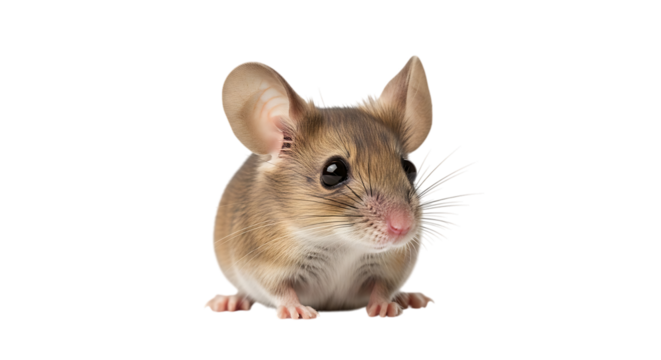 Mouse, small brown with large ears and whiskers looking forward, isolated on white or transparent background. PNG