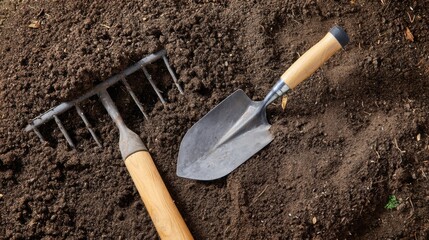 Garden rake and trowel lying on freshly turned soil. Close-up view of metal tools with wooden handles placed on rich earth, capturing outdoor gardening work and preparation of planting beds