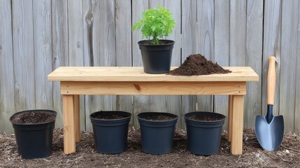 Wooden potting bench with potted plant, soil pile and gardening shovel. Outdoor workspace ready for planting and pot preparation. Home gardening, spring yard work and horticulture setup