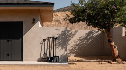 Set of gardening tools leaning against a stucco wall in sunny outdoor area. Rakes and shovels casting shadows beside modern building and tree. Minimal landscaping scene
