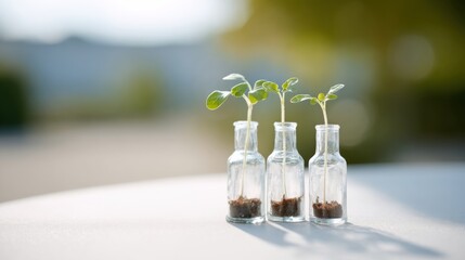 Seedlings in glass bottles. Delicate seedlings sprouting in small clear glass bottles with soil. Minimalist botanical composition with bright soft light and clean outdoor background