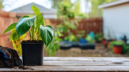 Potted green plant on ooden table in backyard garden. Fresh foliage and moist soil create natural planting scene with tools nearby. Outdoor gardening and plant care concept