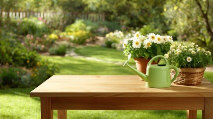 Green watering can and blooming white daisies arranged on wooden table in lush backyard. Sunny garden environment with vibrant plants and outdoor landscaping mood