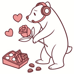 Shy Polar bear with wearing headphones, set in a charming Valentine theme – Valentine Blush color vector art