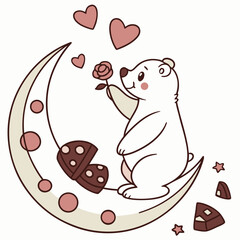 Playful expression on a Polar bear in a Valentine theme, with sitting on a moon – Valentine Blush vector art