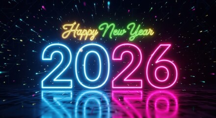 Celebrate a bright and colorful Happy New Year 2026 with vibrant neon lights and a futuristic modern design to bring joy and optimism for the year ahead