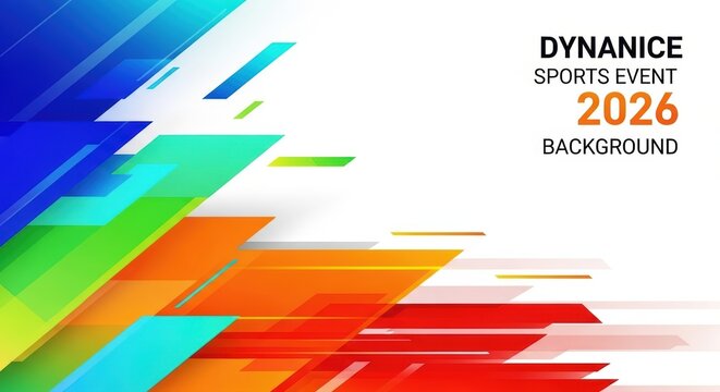Vibrant modern background for sports event 2026 with dynamic geometric shapes in blue, green, orange and red colors, perfect for promotional materials