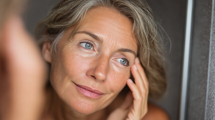 Fototapeta premium A woman with silvering hair is looking at her reflection in a mirror. She touches her face with a gentle expression, soft, natural light illuminating her skin