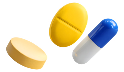 Assorted Pills And Capsule Floating medicine drugs isolated on a transparent background