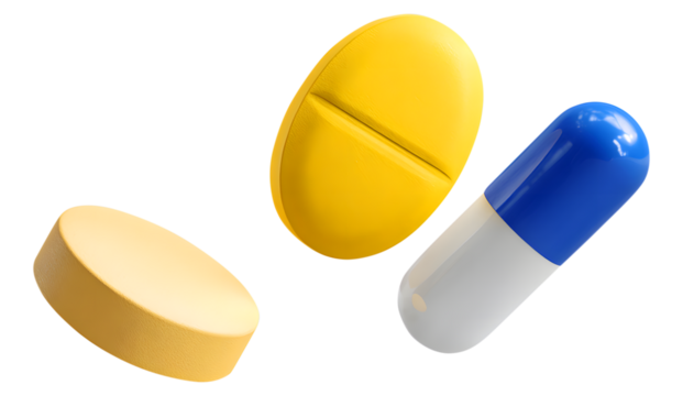 Assorted Pills And Capsule Floating medicine drugs isolated on a transparent background