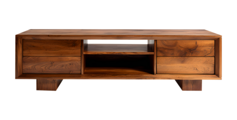 Modern Wooden Media Console with Drawers and Shelf isolated on a transparent background