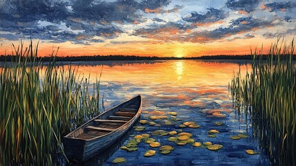 Obraz premium Serene Lakeside Sunset with a Lone Canoe Amidst Reeds and Lily Pads