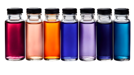 Row of Glass Vials with Colorful Liquids bottles isolated on a transparent background