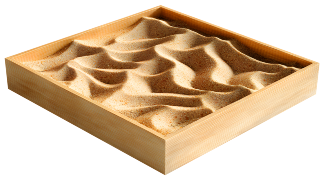 Wooden Zen Garden Sandbox with Sand Dunes waves isolated on a transparent background